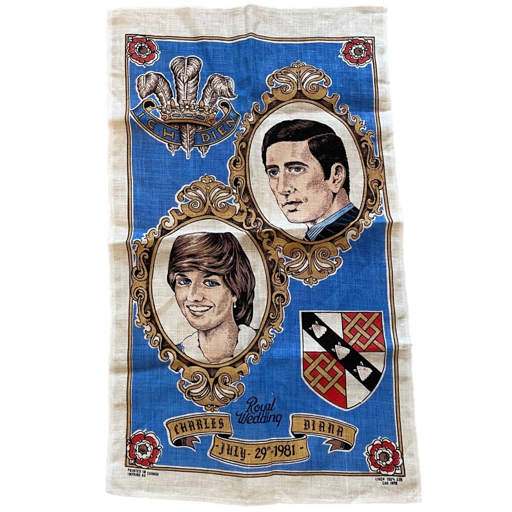 Linen tea towel featuring Charles and Diana the Royal Wedding 1981.